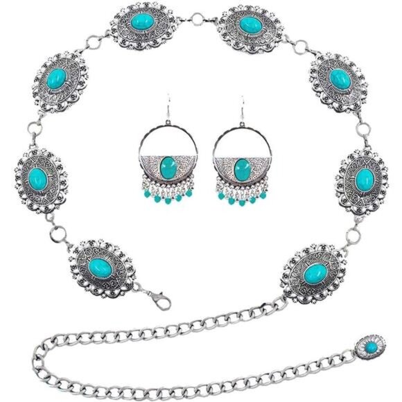 Western Metal Concho Belt for Women Turquoise-61